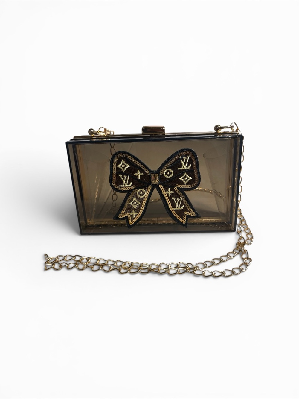 Gold-Trim Clear Box Clutch with Bow Accent